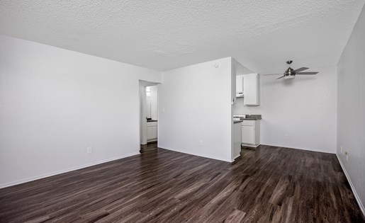 A room with wood flooring and a ceiling fan.